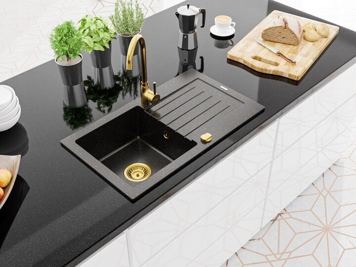Granīta virtuves izlietne Mexen Pablo ar jaucējkrānu un sifonu, Metallic black/gold+Gold cena un informācija | Virtuves izlietnes | 220.lv