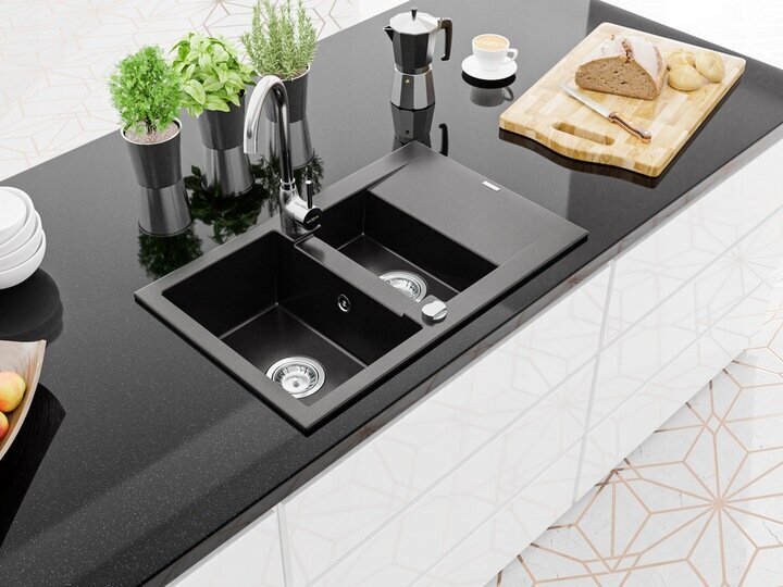 Granīta virtuves izlietne Mexen Gaspar ar jaucējkrānu un sifonu, Black+Chrome cena un informācija | Virtuves izlietnes | 220.lv