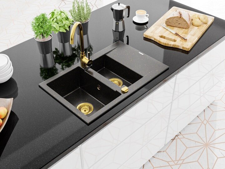 Granīta virtuves izlietne Mexen Gaspar ar jaucējkrānu un sifonu, Metallic black/gold+Gold cena un informācija | Virtuves izlietnes | 220.lv