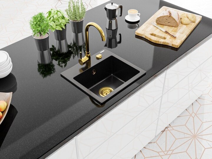 Granīta virtuves izlietne Mexen Milo ar jaucējkrānu un sifonu, Black+Gold cena un informācija | Virtuves izlietnes | 220.lv