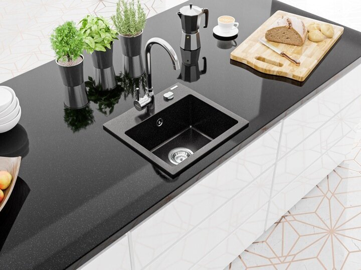 Granīta virtuves izlietne Mexen Milo ar jaucējkrānu un sifonu, Metallic black/silver+Chrome цена и информация | Virtuves izlietnes | 220.lv