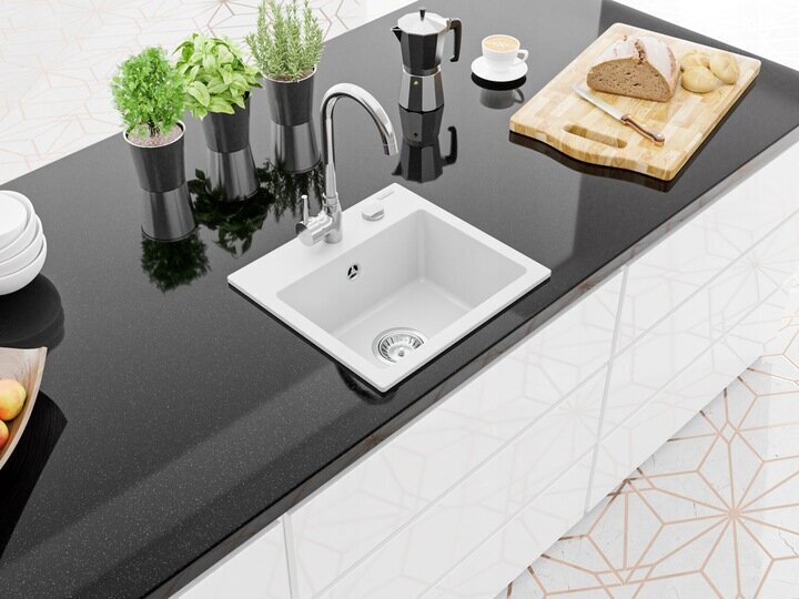 Granīta virtuves izlietne Mexen Milo ar jaucējkrānu un sifonu, White+Chrome цена и информация | Virtuves izlietnes | 220.lv