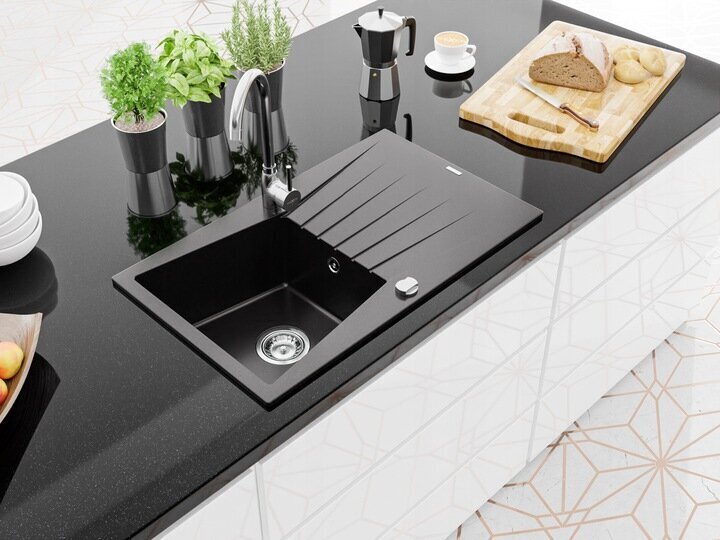 Granīta virtuves izlietne Mexen Cesar ar jaucējkrānu un sifonu, Black+Chrome cena un informācija | Virtuves izlietnes | 220.lv