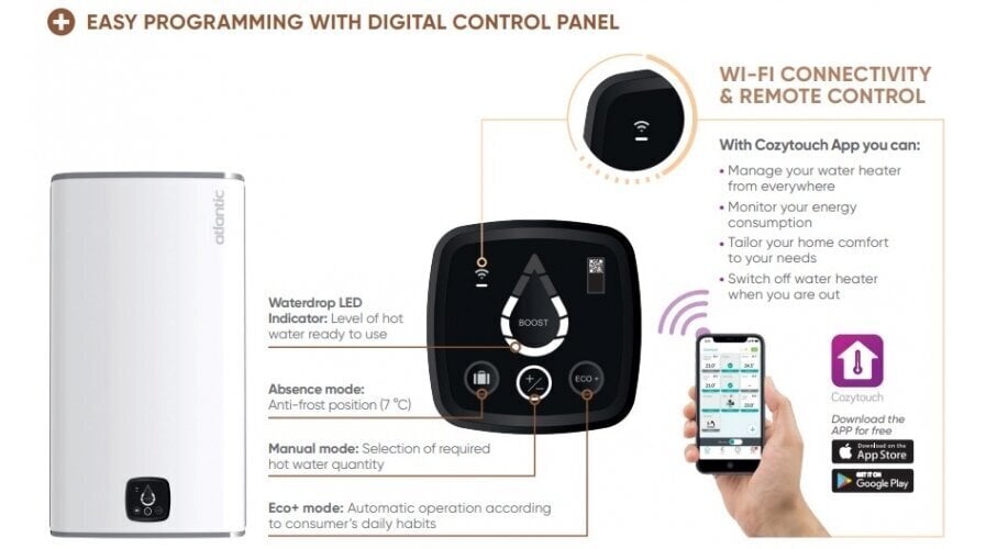 Elektriskais ūdens sildītājs Atlantic STEATITE CUBE WIFI WM150, vertikāls 150 L цена и информация | Ūdens sildītāji | 220.lv