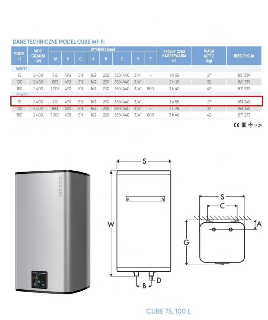 Elektriskais ūdens sildītājs Atlantic STEATITE CUBE WIFI WM075 SILVER, vertikāls 75 L цена и информация | Ūdens sildītāji | 220.lv