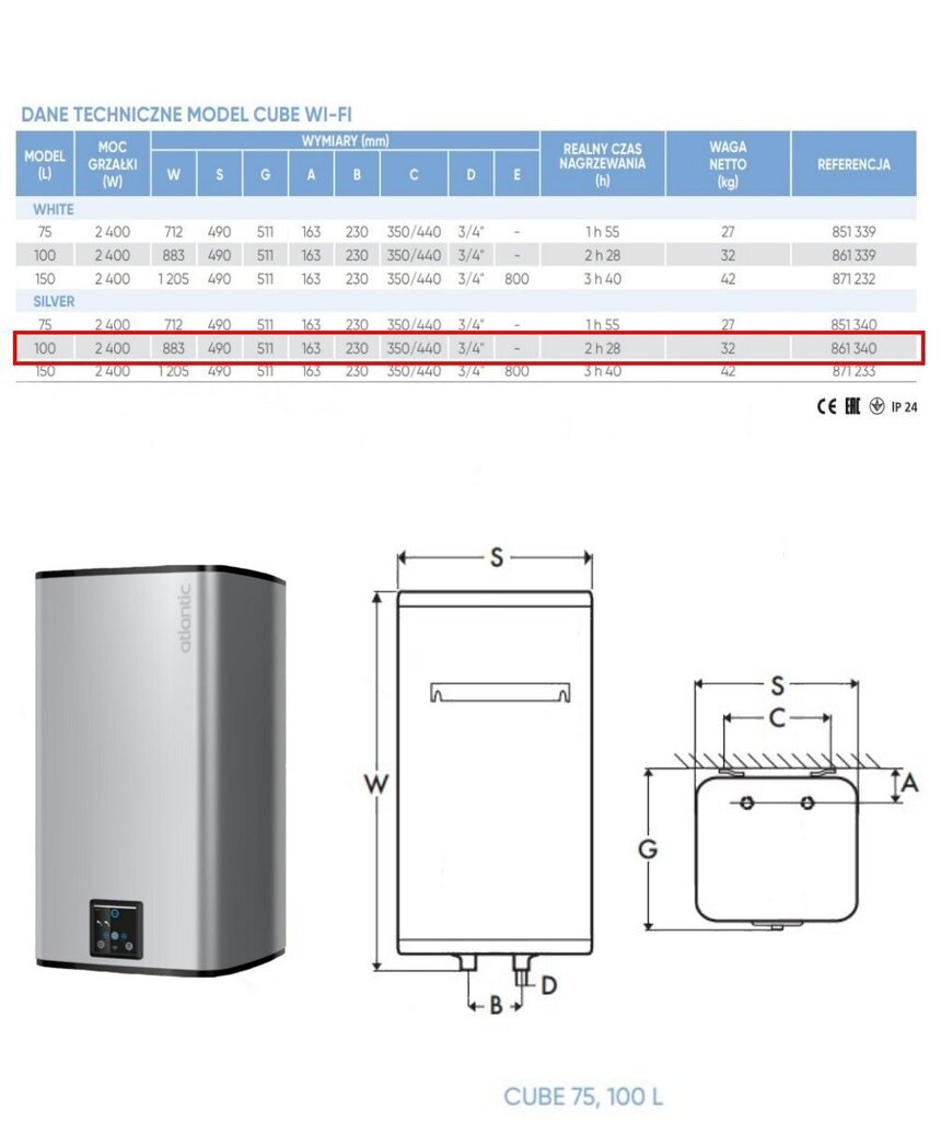 Elektriskais ūdens sildītājs Atlantic STEATITE CUBE WIFI WM100 SILVER, vertikāls 100 L cena un informācija | Ūdens sildītāji | 220.lv