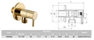 Угловой клапан/вентиль 1/2"-3/8" для крана с керамической головкой, золотой цена и информация | Сантехнические соединения, клапаны | 220.lv