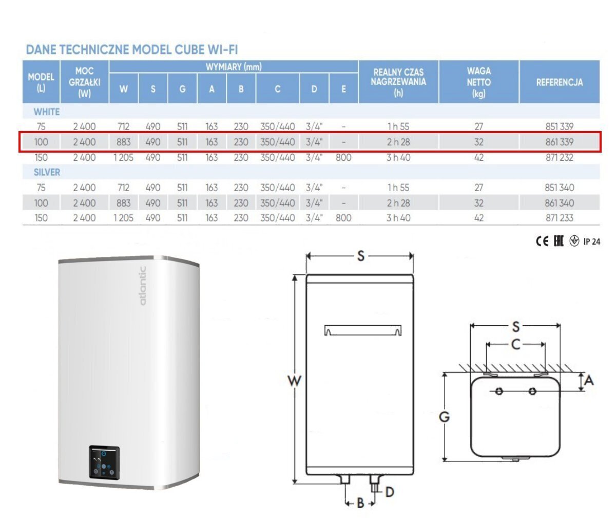 Elektriskais ūdens sildītājs Atlantic STEATITE CUBE WIFI WM100, vertikāls 100 L цена и информация | Ūdens sildītāji | 220.lv