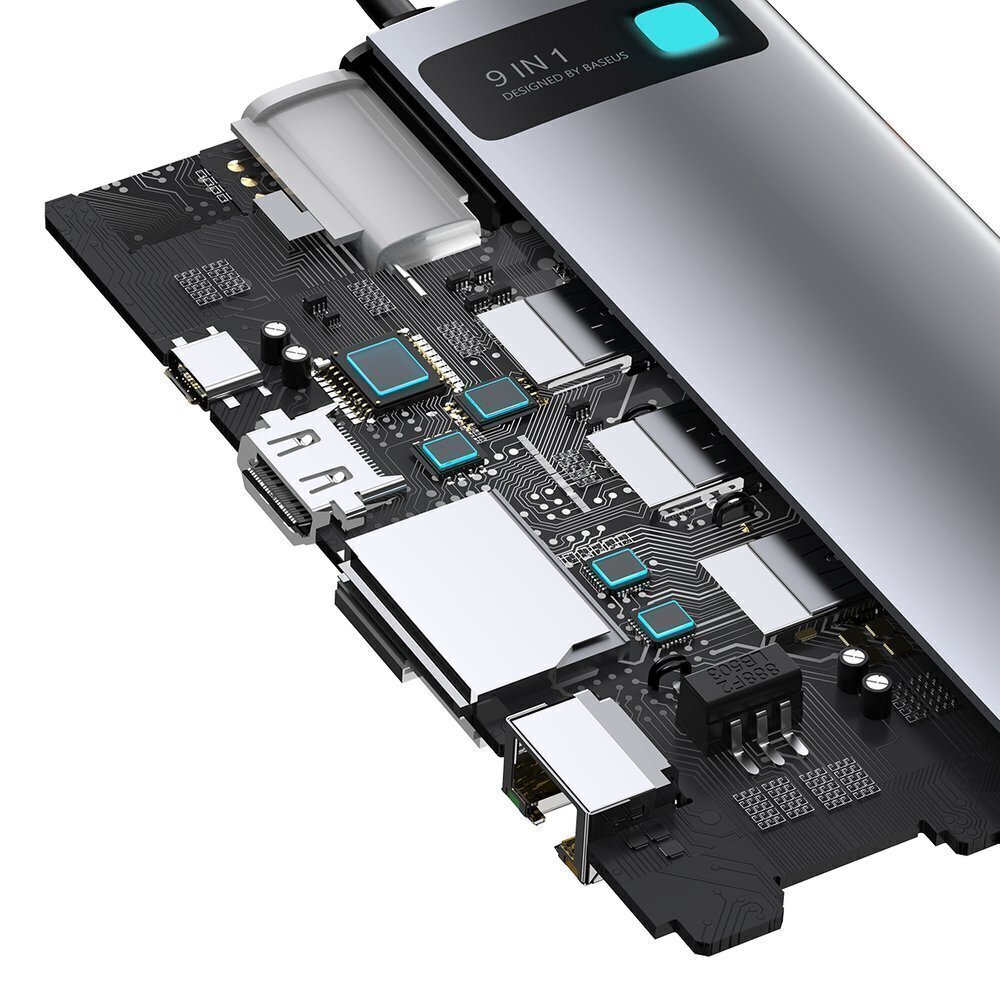 Hub 9in1 Baseus Metal Gleam Series, USB-C to 3x USB 3.0 + HDMI + USB-C PD + Ethernet RJ45 + microSD/SD + VGA cena un informācija | Adapteri un USB centrmezgli | 220.lv