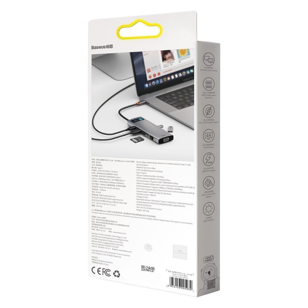 Hub 9in1 Baseus Metal Gleam Series, USB-C to 3x USB 3.0 + HDMI + USB-C PD + Ethernet RJ45 + microSD/SD + VGA cena un informācija | Adapteri un USB centrmezgli | 220.lv