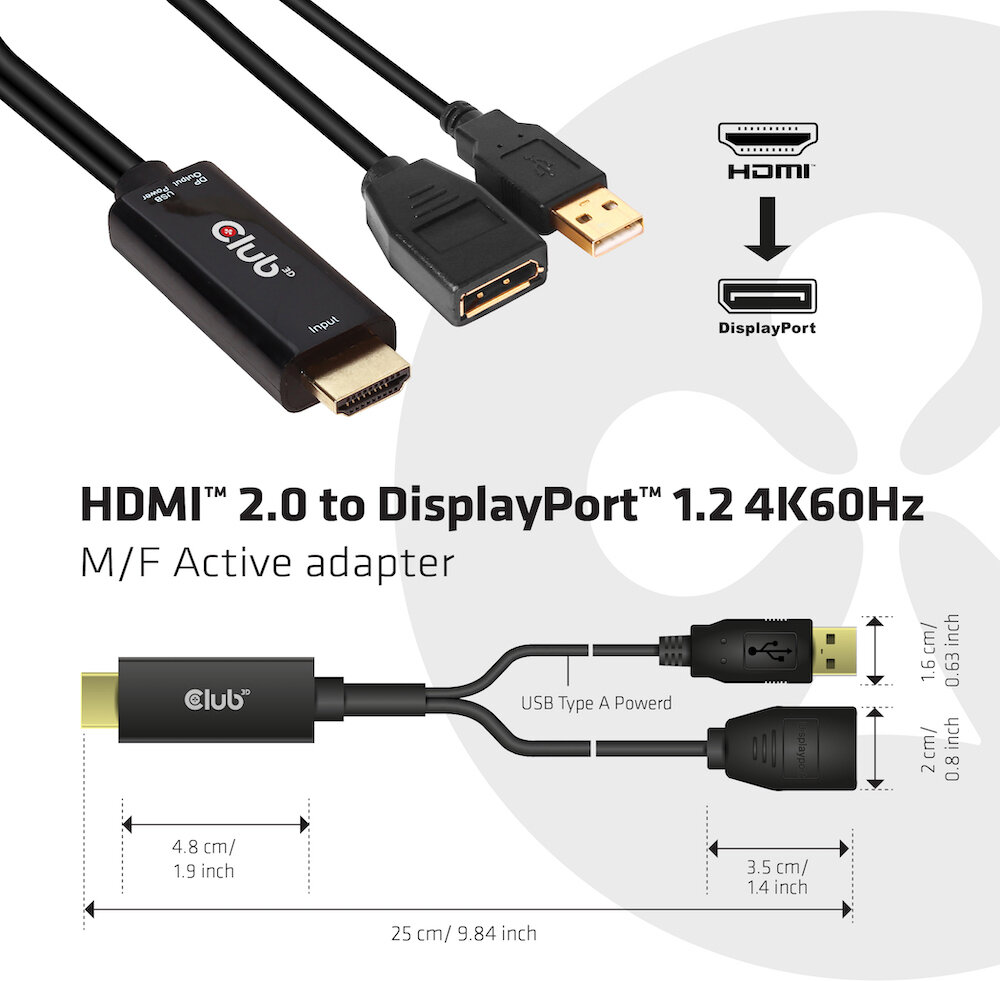 Adapteris Club 3D HDMI - DisplayPort 1.2, USB barošanas bloks, 25cm cena un informācija | Adapteri un USB centrmezgli | 220.lv