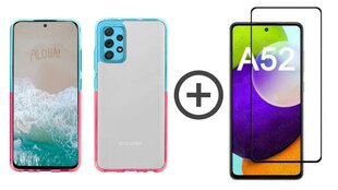 Komplekts - ColorFul hard case caurspīdīgs vāciņš divu krāsu - zils un rozā, paredzēts Samsung Galaxy A52/ A52 5G/ A52 S 5G un aizsargstikls. cena un informācija | Telefonu vāciņi, maciņi | 220.lv