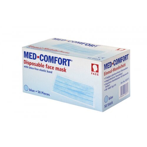 Medicīniskā sejas maska, vienreizlietojama "MED Comfort" N50 ar gumijām, IIR tips, zilas cena un informācija | Pirmā palīdzība | 220.lv
