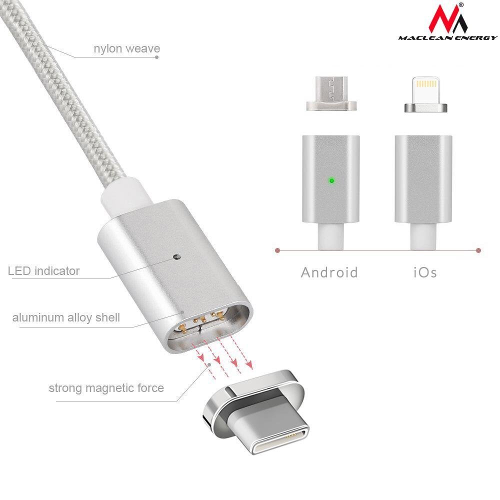 Magnētiskais USB Type-C kabelis sudraba Maclean Energy MCE178 cena un informācija | Kabeļi un vadi | 220.lv