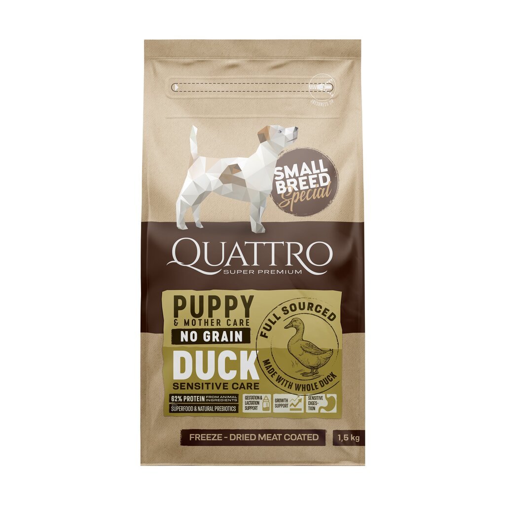 Quattro Small Breed Puppy & Mother care sausā bezgraudu barība mazo šķirņu suņiem, ar pīli, 1,5 kg cena un informācija | Sausā barība suņiem | 220.lv