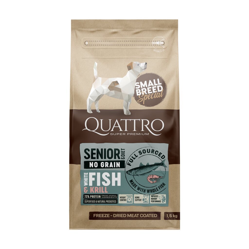 Quattro Small Breed Senior and Diet sausā bezgraudu barība mazo šķirņu suņiem ar baltajām zivīm, 1,5kg cena un informācija | Sausā barība suņiem | 220.lv