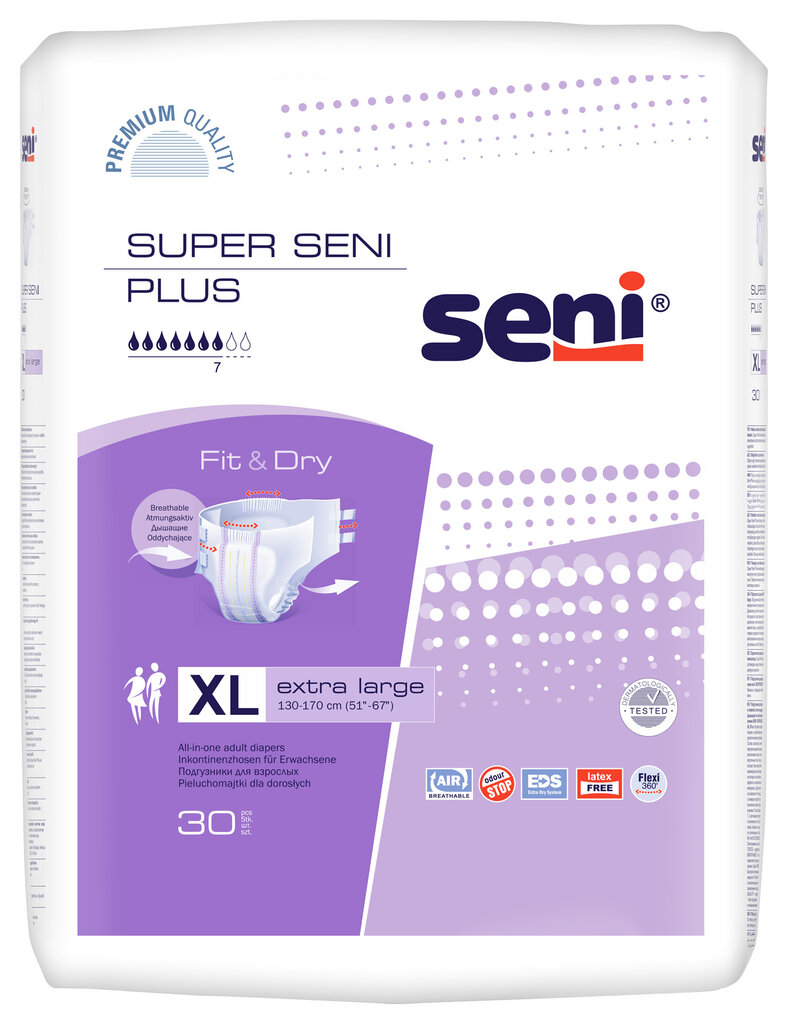 Autiņbiksītes Super Seni Plus, XL izmērs, 30 gab. cena un informācija | Autiņbiksītes, higiēniskās paketes, vienreizlietojamie paladziņi pieaugušajiem | 220.lv