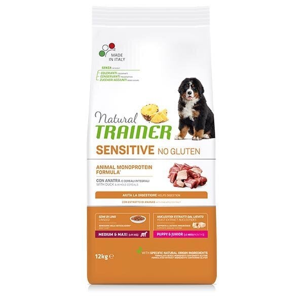 NATURAL TRAINER SENSITIVE NO GLUTEN PUPPY&amp;JUN MEDIUM/MAXI DUCK - BEZGLUTĒNA SAUSĀ BARĪBA AR PĪLES GAĻU VIDĒJO UN LIELO ŠĶIRŅU JUTĪGIEM KUCĒNIEM UN JUNIORIEM 12 KG cena un informācija | Sausā barība suņiem | 220.lv