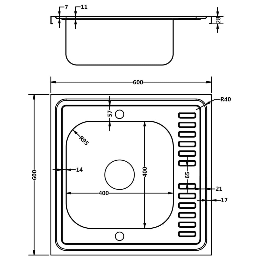 vidaXL virtuves izlietne, 600x600x155 mm, nerūsējošs tērauds cena un informācija | Virtuves izlietnes | 220.lv