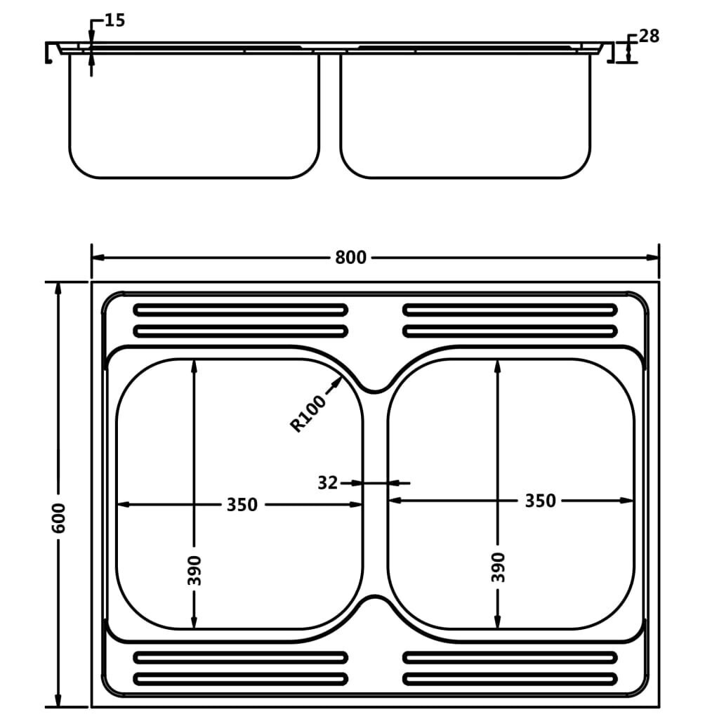 vidaXL virtuves izlietne, 2 bļodas, 800x600x155 mm, nerūsējošs tērauds цена и информация | Virtuves izlietnes | 220.lv