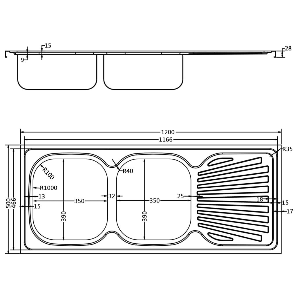 vidaXL virtuves izlietne, 2 bļodas, 1200x500x155mm, nerūsējošs tērauds cena un informācija | Virtuves izlietnes | 220.lv