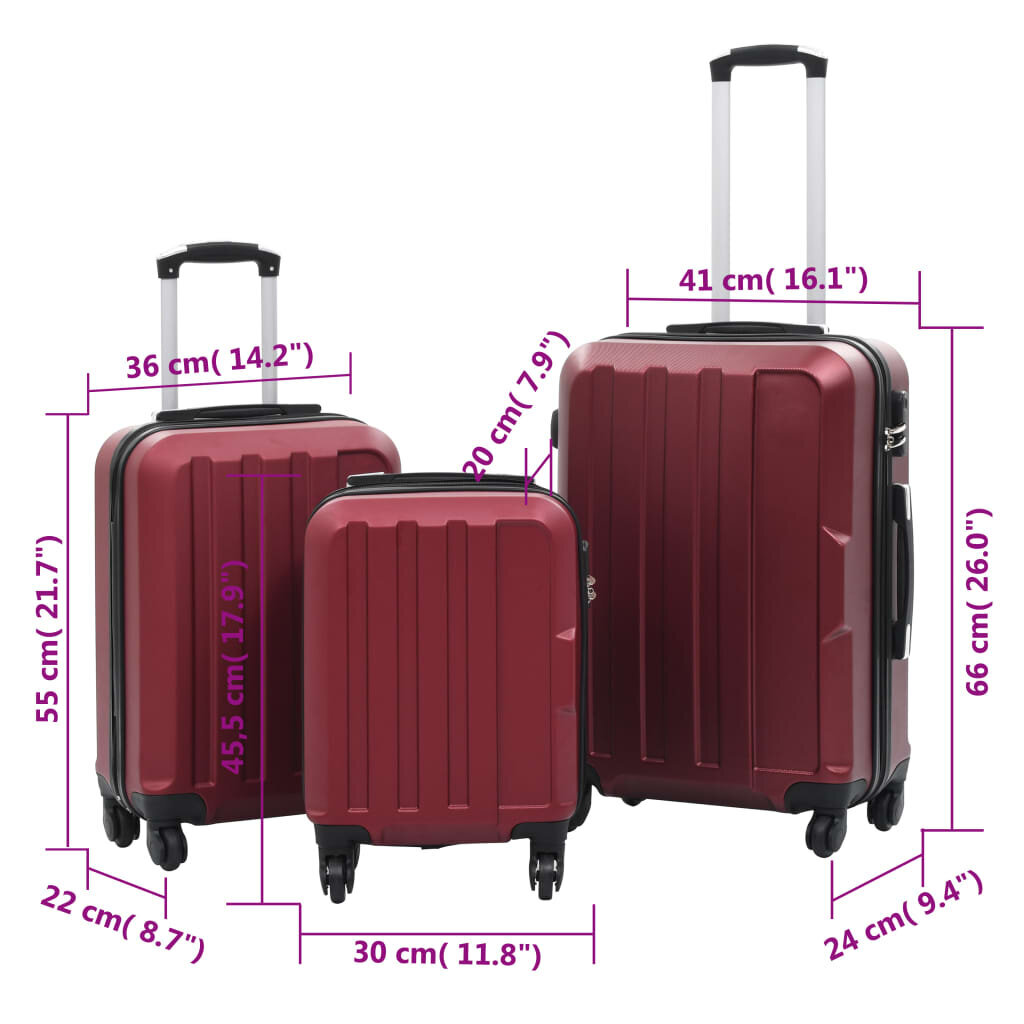 vidaXL cieto koferu komplekts, 3 gab., ABS, vīnsarkans cena un informācija | Koferi, ceļojumu somas | 220.lv