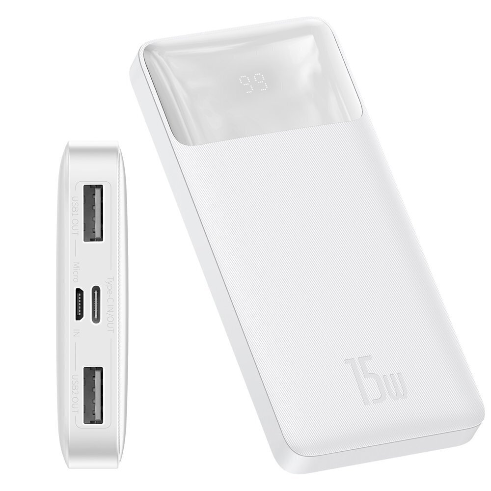 Baseus Power Bank 10000mAh Bipow - 2xUSB + C tips - 15W, balts cena un informācija | Lādētāji-akumulatori (Power bank) | 220.lv