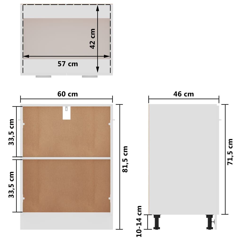 vidaXL virtuves skapītis, balts, 60x46x81,5 cm, skaidu plāksne cena un informācija | Virtuves skapīši | 220.lv