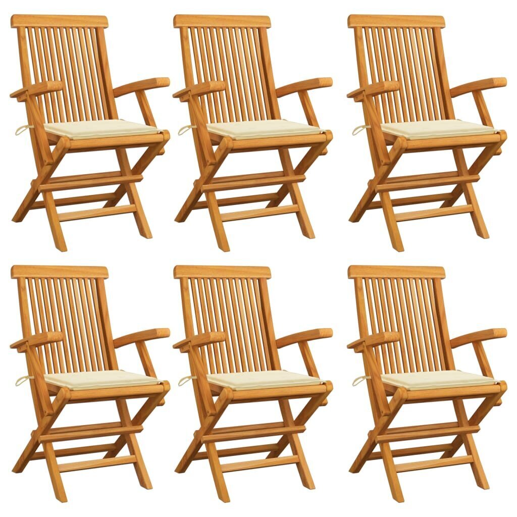 vidaXL dārza krēsli, krēmkrāsas matrači, 6 gab., masīvs tīkkoks cena un informācija | Dārza krēsli | 220.lv