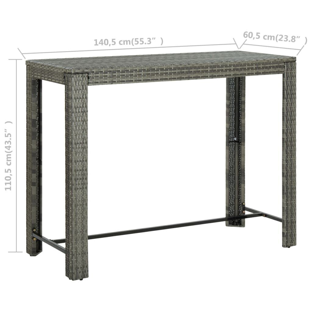 vidaXL dārza bāra galds, pelēks, 140,5x60,5x110,5 cm, PE rotangpalma цена и информация | Dārza galdi | 220.lv