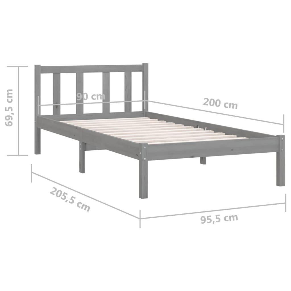 vidaXL gultas rāmis, pelēks, priedes masīvkoks, 90x200 cm cena un informācija | Gultas | 220.lv