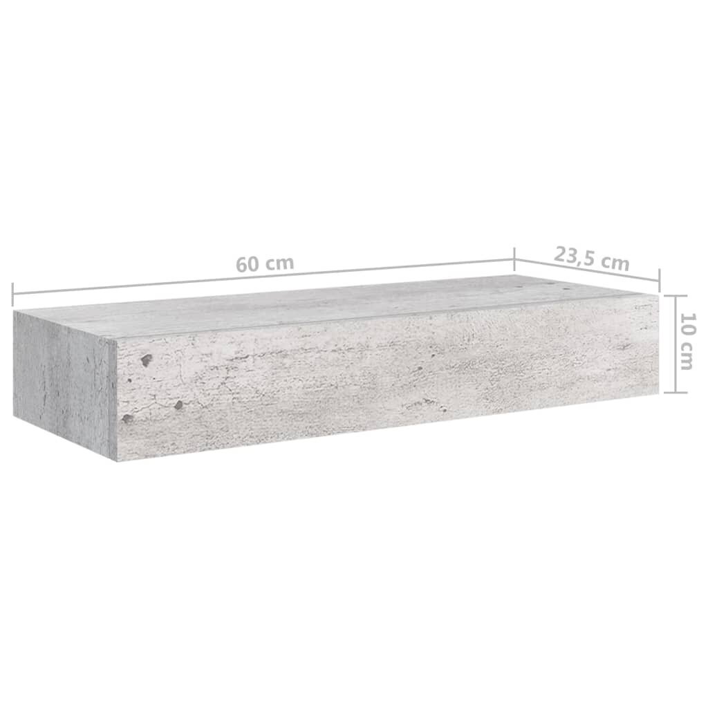 vidaXL sienas atvilktņu plaukts, betona pelēks, 60x23,5x10 cm, MDF cena un informācija | Plaukti | 220.lv