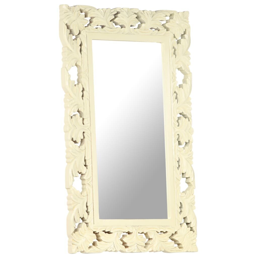 vidaXL spogulis, balts, 80x50 cm, ar kokgriezumiem, mango masīvkoks cena un informācija | Spoguļi | 220.lv