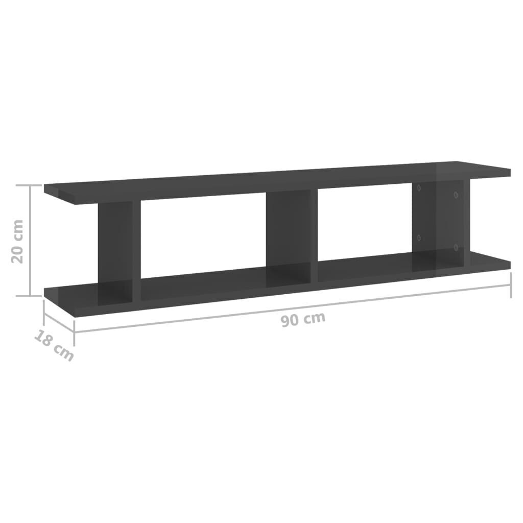 vidaXL sienas plaukti, 2 gab., 90x18x20 cm, pelēki, skaidu plāksne cena un informācija | Plaukti | 220.lv