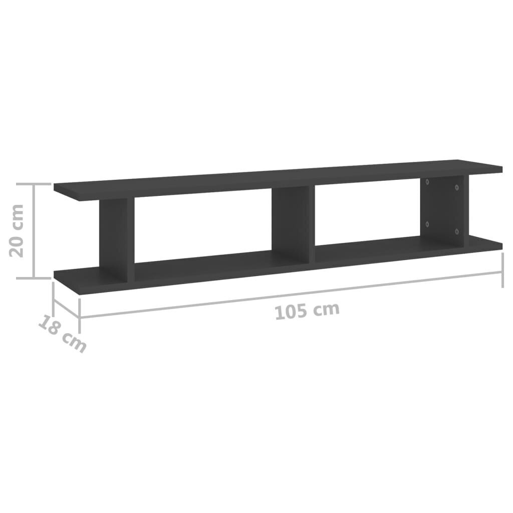 vidaXL sienas plaukti, 2 gab., 105x18x20 cm, pelēki, skaidu plāksne cena un informācija | Plaukti | 220.lv