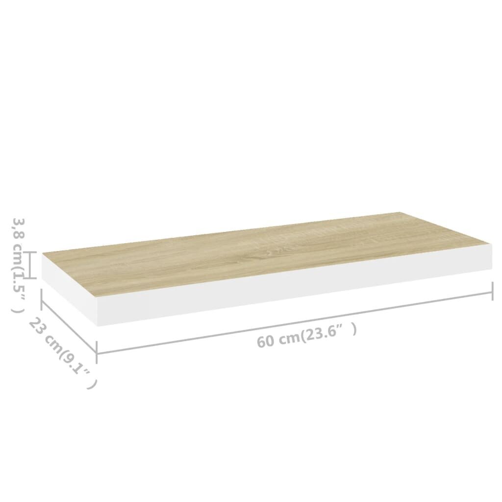 vidaXL sienas plaukts, balta un ozolkoka krāsa, 60x23,5x3,8 cm, MDF cena un informācija | Plaukti | 220.lv