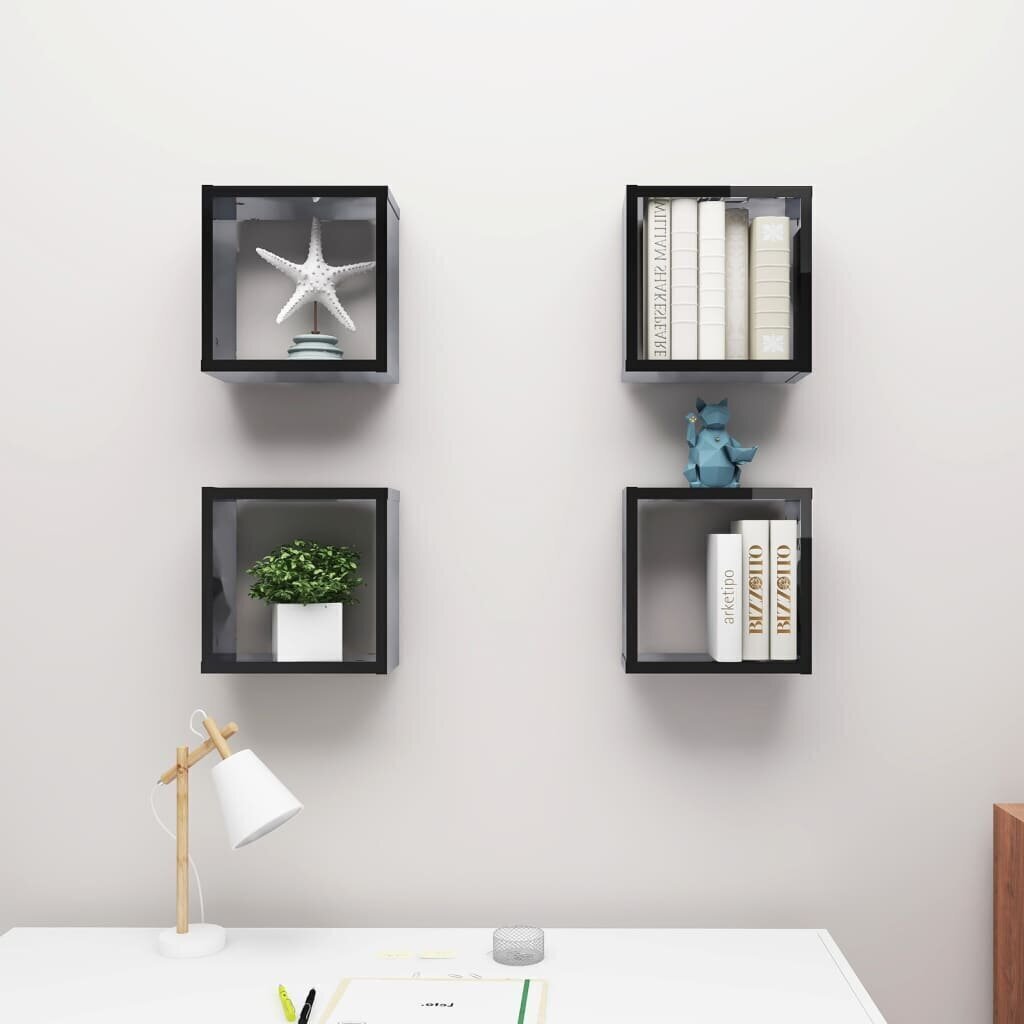 vidaXL kuba formas sienas plaukti, 4 gab., 30x15x30 cm, spīdīgi melni cena un informācija | Plaukti | 220.lv