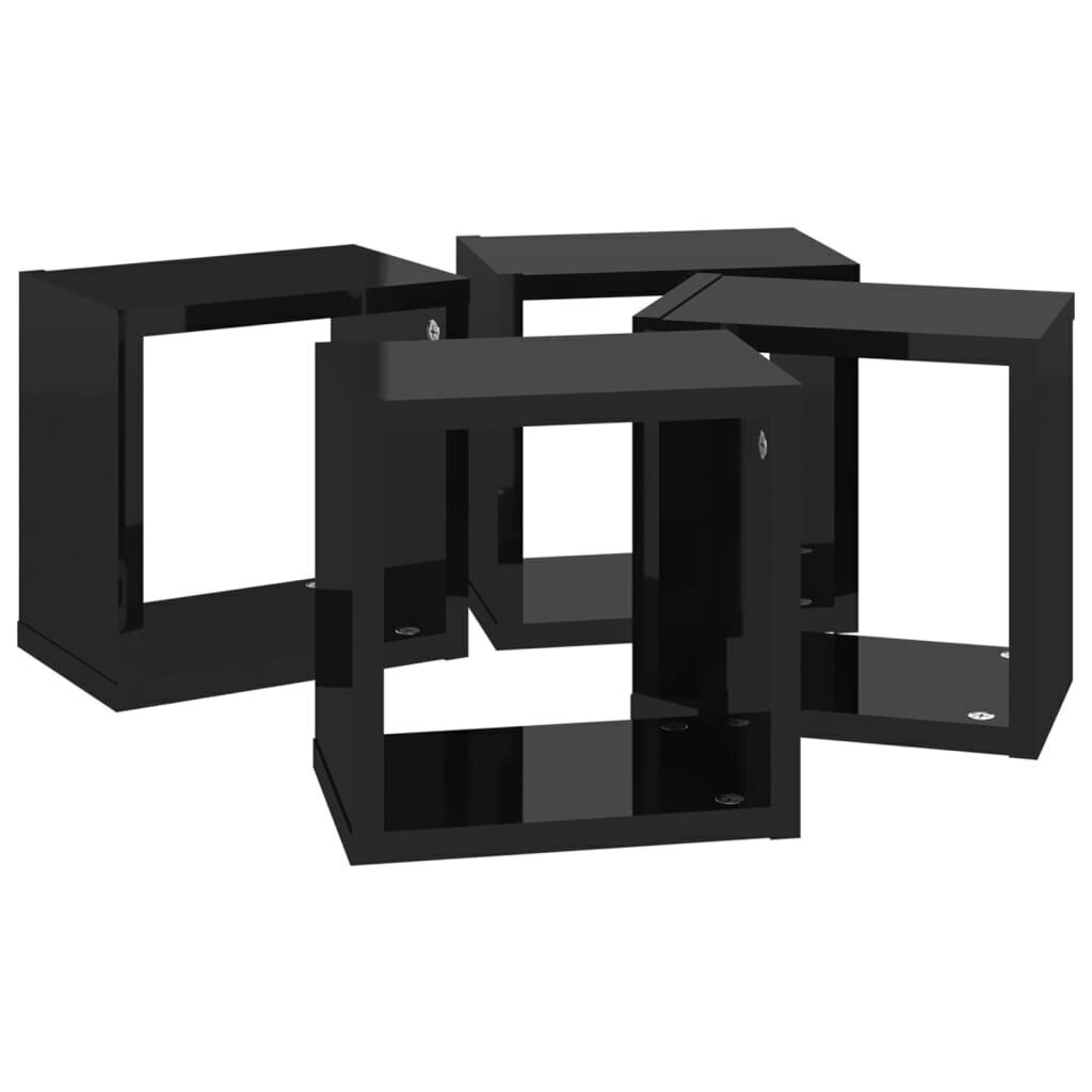 vidaXL kuba formas sienas plaukti, 4 gab., 22x15x22 cm, spīdīgi melni цена и информация | Plaukti | 220.lv
