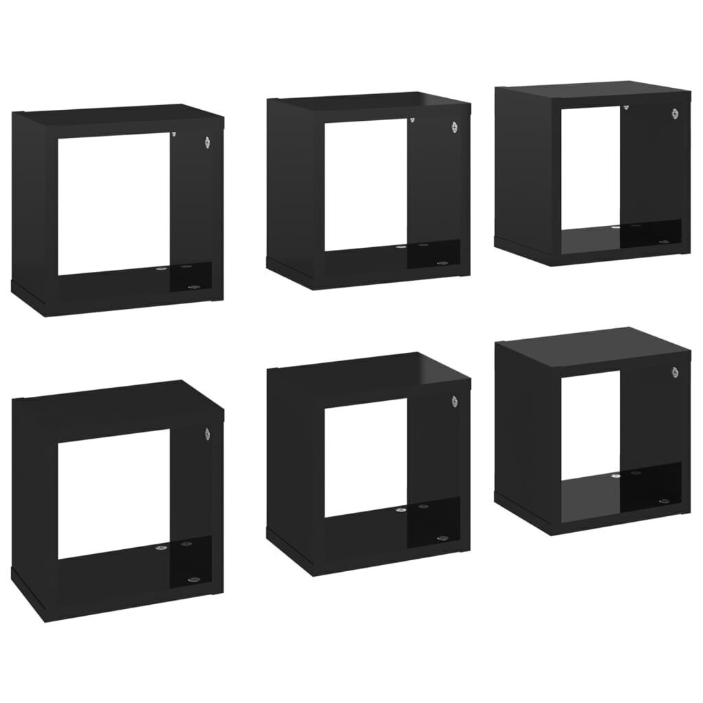 vidaXL kuba formas sienas plaukti, 6 gab., 22x15x22 cm, spīdīgi melni cena un informācija | Plaukti | 220.lv