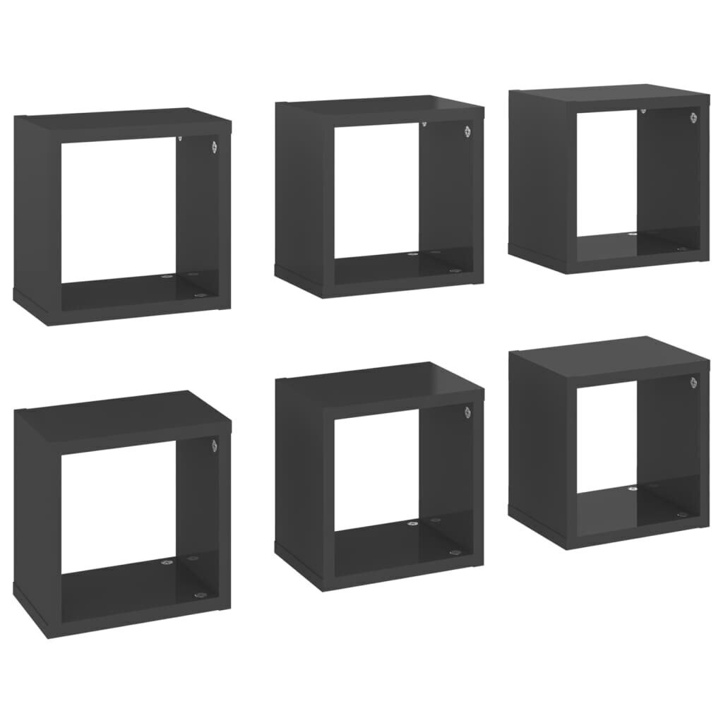 vidaXL kuba formas sienas plaukti, 6 gab., 22x15x22 cm, spīdīgi pelēki cena un informācija | Plaukti | 220.lv