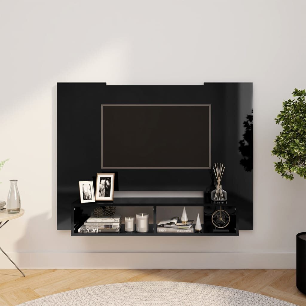 vidaXL sienas TV plaukts, spīdīgi melns, 120x23,5x90 cm, skaidu plātne cena un informācija | TV galdiņi | 220.lv