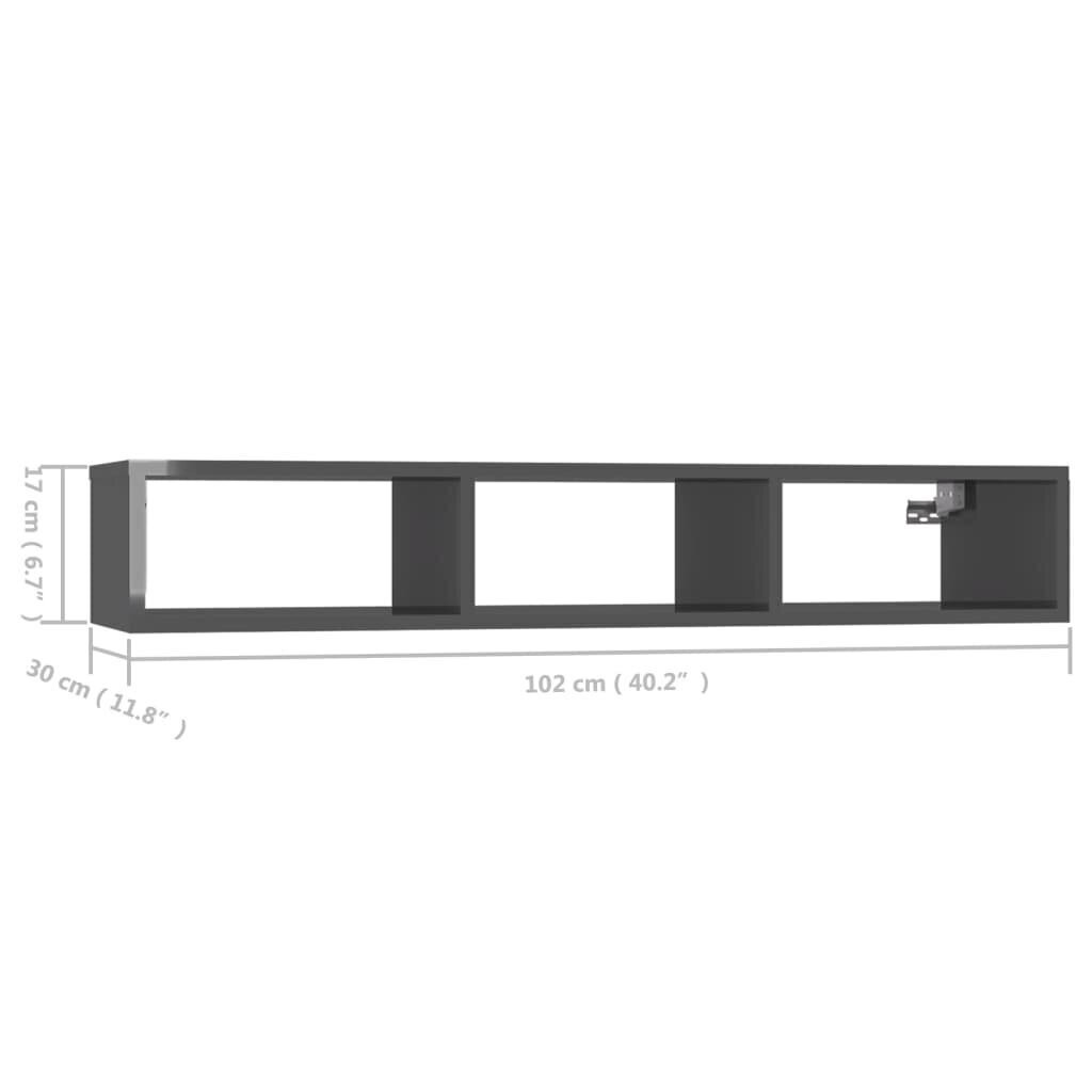 vidaXL sienas plaukts, spīdīgi pelēks, 102x30x17 cm, skaidu plāksne cena un informācija | Plaukti | 220.lv