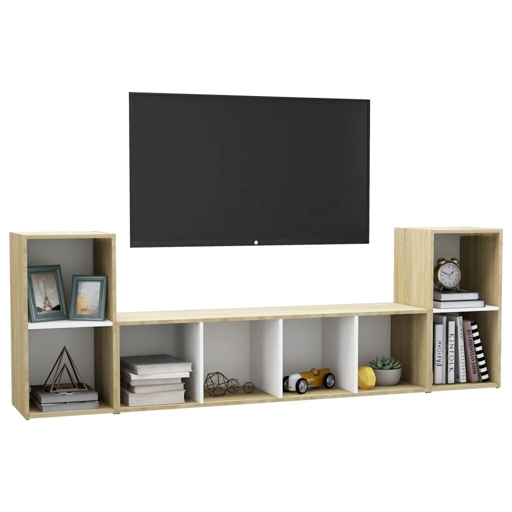 vidaXL 3-daļīgs TV plauktu komplekts, balts, ozolkoka, skaidu plāksne цена и информация | TV galdiņi | 220.lv