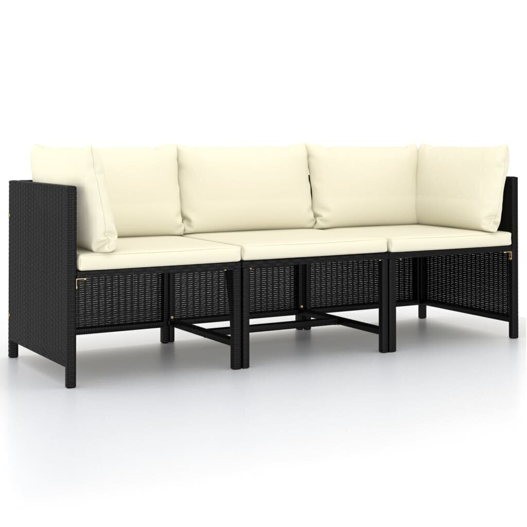 vidaXL trīsvietīgs dārza dīvāns ar matračiem, melna PE rotangpalma cena un informācija | Dārza krēsli | 220.lv