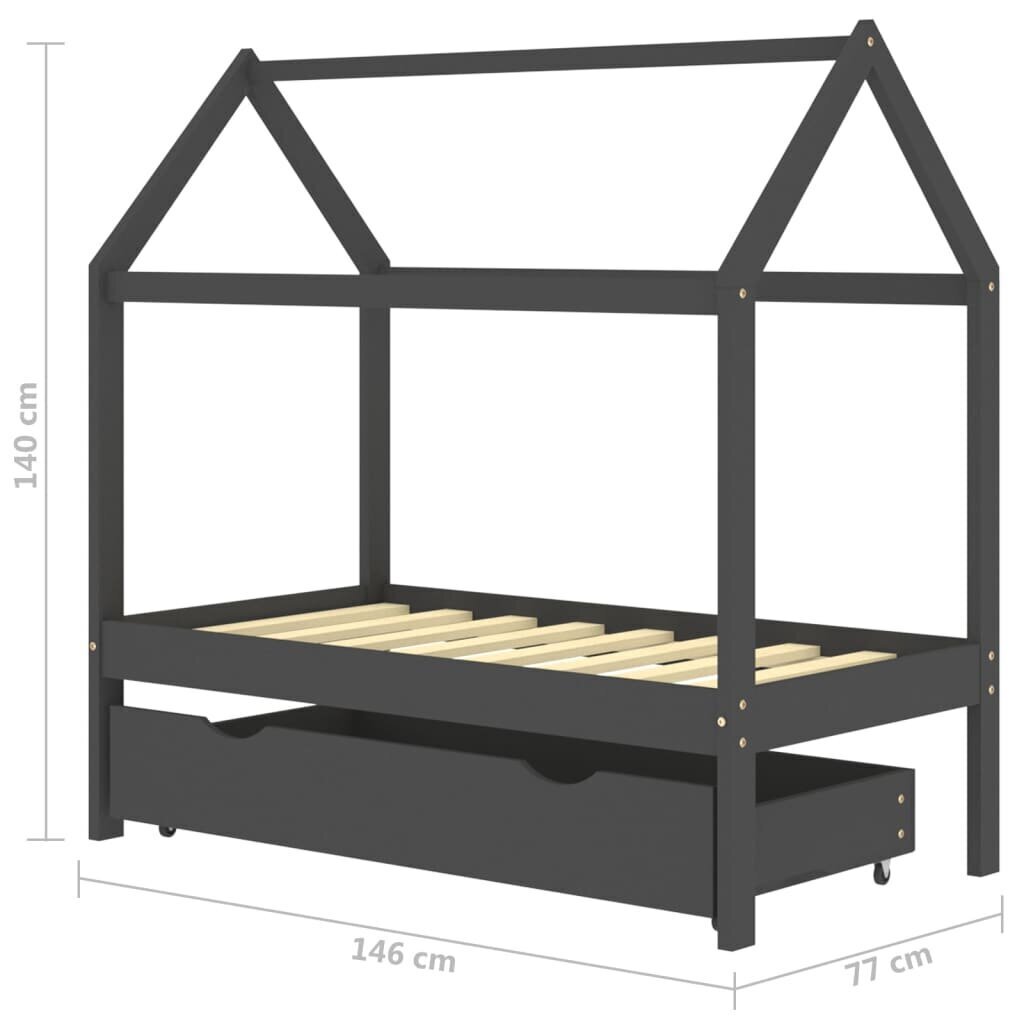 vidaXL bērnu gultas rāmis ar atvilktni, tumši pelēks, priede, 70x140cm cena un informācija | Bērnu gultas | 220.lv