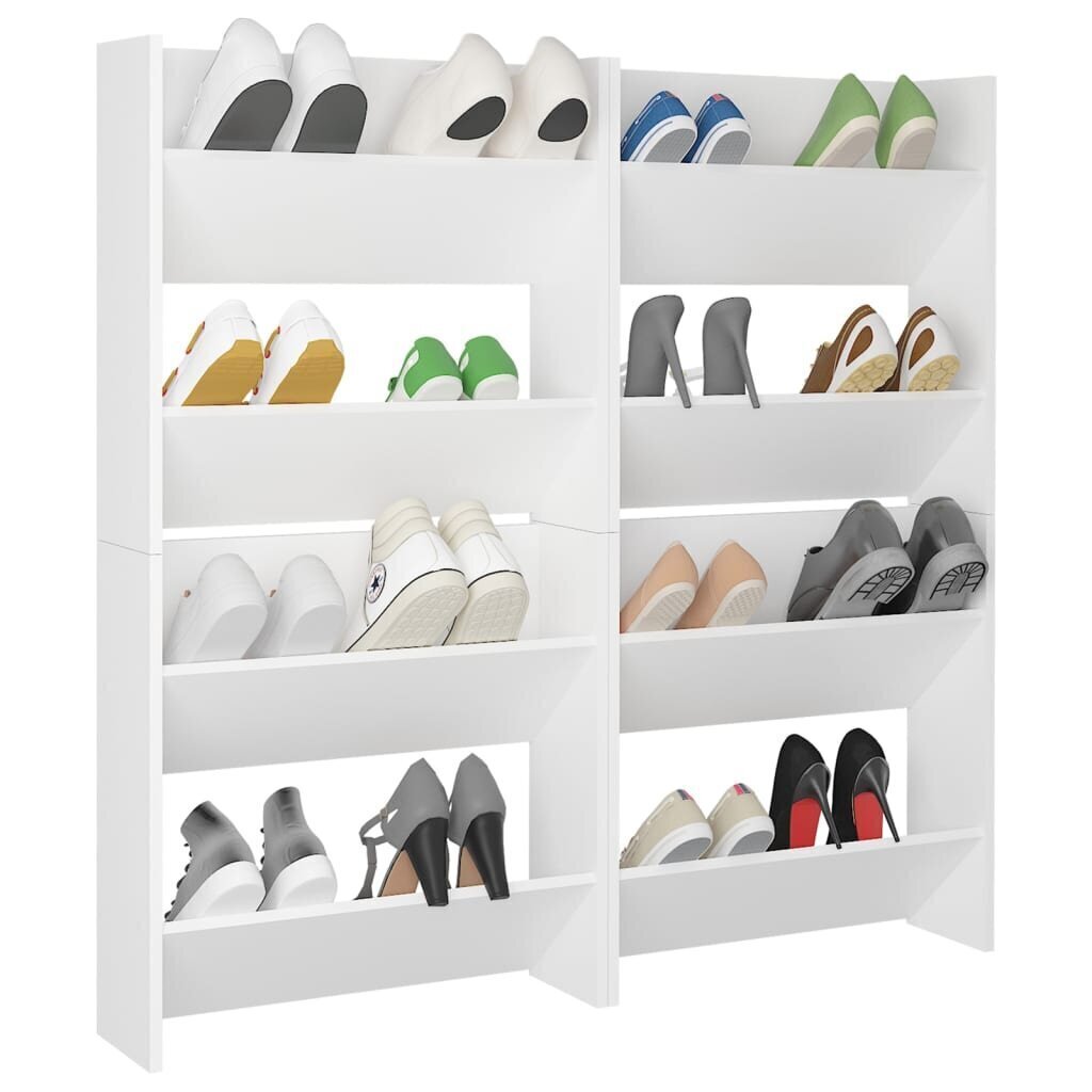vidaXL sienas apavu plaukti, 4 gab., balti, 60x18x60 cm, skaidu plātne cena un informācija | Apavu skapji, apavu plaukti, priekšnama soliņi | 220.lv
