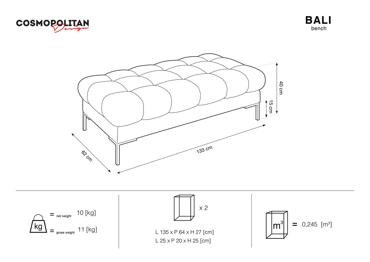 Divvietīgs soliņš Cosmopolitan Design Bali, gaiši pelēkas/zeltainas krāsas цена и информация | Sēžammaisi, pufi | 220.lv