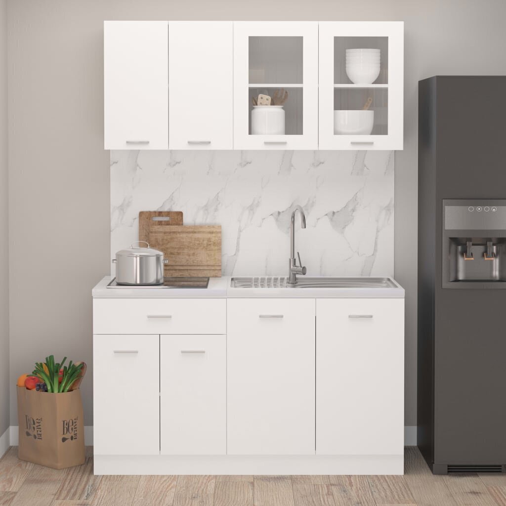vidaXL 4-daļīgs virtuves skapīšu komplekts, balts, kokskaidu plāksne cena un informācija | Virtuves komplekti | 220.lv