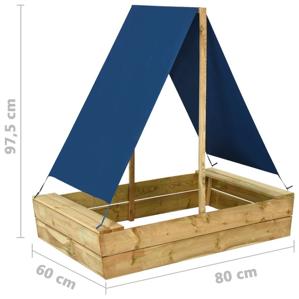 vidaXL smilšu kaste ar jumtu, 80x60x97,5 cm, impregnēts priedes koks cena un informācija | Smilšu kastes, smiltis | 220.lv