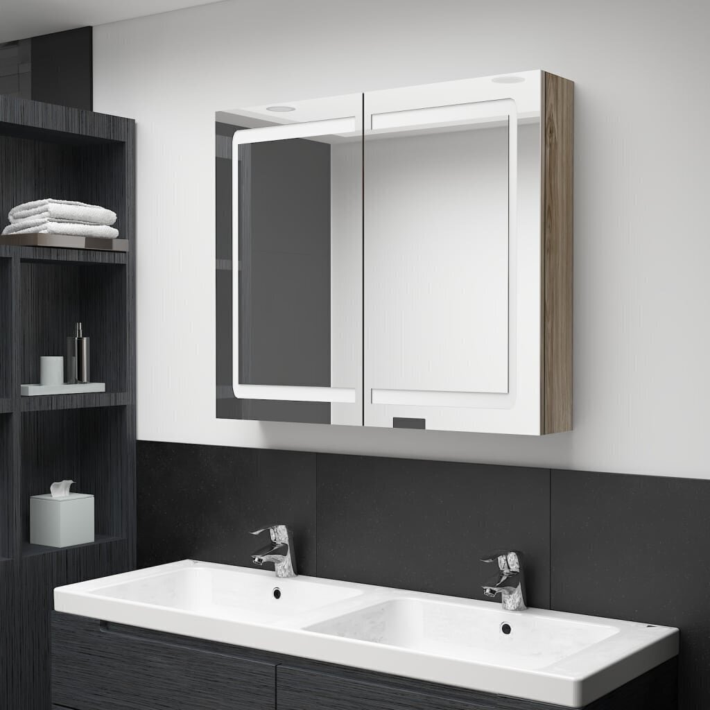 vidaXL vannasistabas skapītis ar spoguli un LED, 80x12x68 cm, ozolkoka cena un informācija | Vannas istabas skapīši | 220.lv